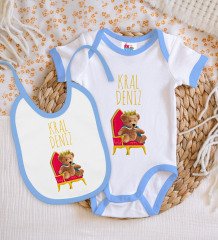 BK Kids Kişiye Özel Kral Tasarımlı Mavi Bebek Body Zıbın ve Mama Önlüğü Hediye Seti