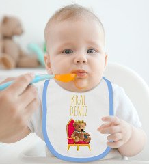 BK Kids Kişiye Özel Kral Tasarımlı Mavi Bebek Body Zıbın ve Mama Önlüğü Hediye Seti