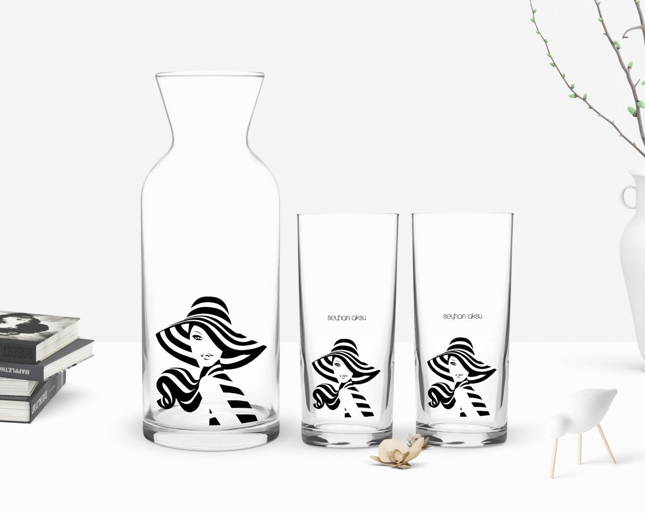 Kişiye Özel Renkli Baskılı İsimli İkili Rakı Bardağı ve Karaf Hediye Seti-124