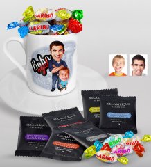 Kişiye Özel Baba Oğul Karikatürlü Türk Kahvesi Fincanı Selamlique Karışık Türk Kahvesi ve Haribo Şeker Hediye Seti-5
