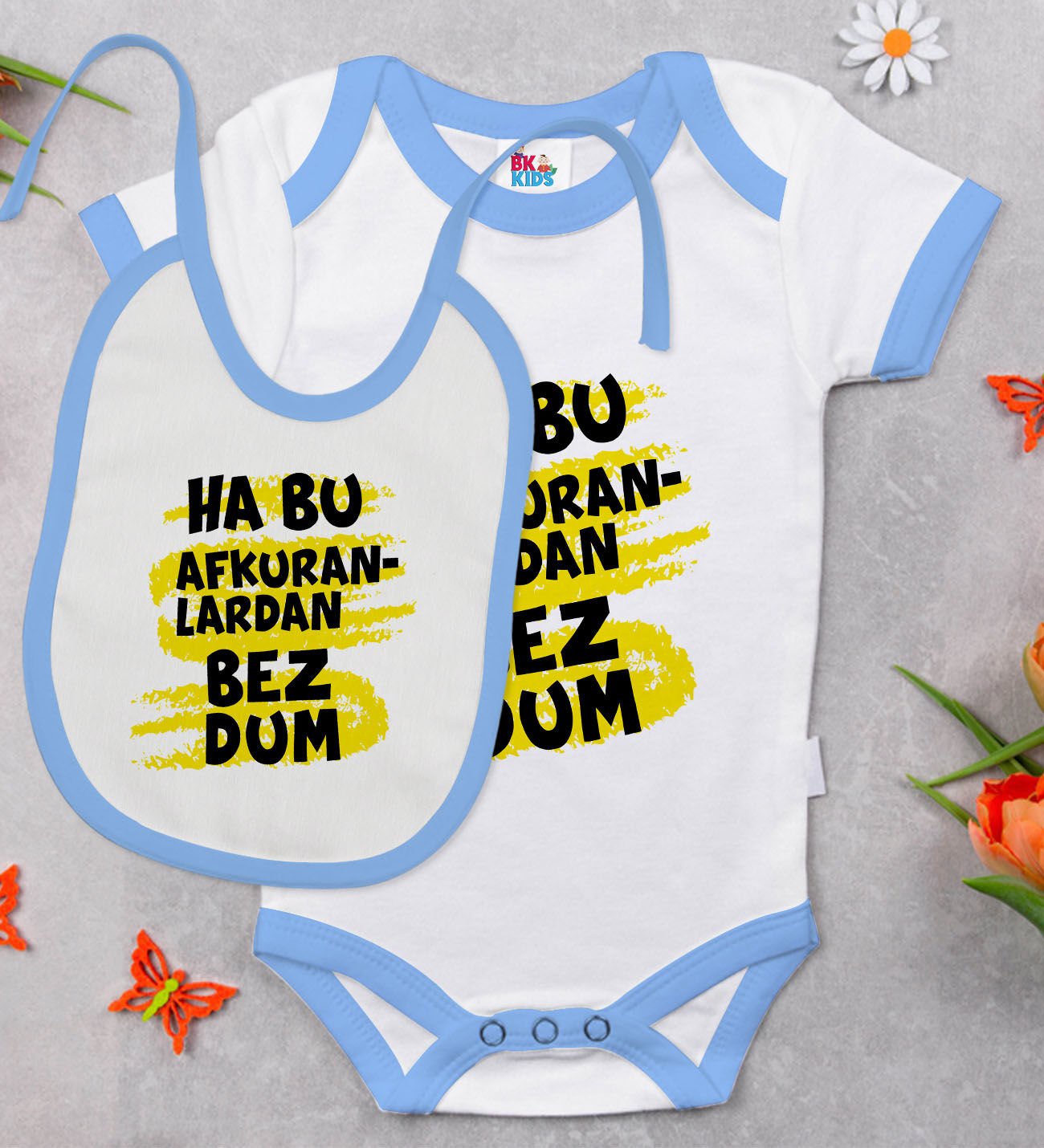 BK Kids Bezdum Tasarımlı Mavi Bebek Body Zıbın ve Mama Önlüğü Hediye Seti-4