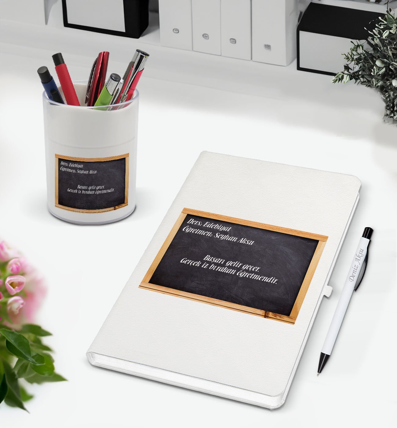 BK Gift Kişiye Özel İsimli Okul Tahtası Tasarımlı Defter Kalem ve Kalemlik Hediye Seti, Öğretmene Hediye, Öğretmenler Günü - 1
