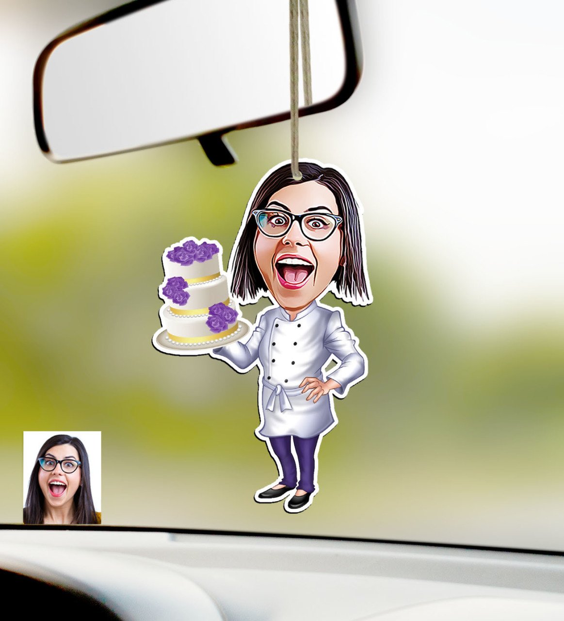 Kişiye Özel Bayan Chef Karikatürlü Ahşap Araba Dikiz Ayna Süsü-2