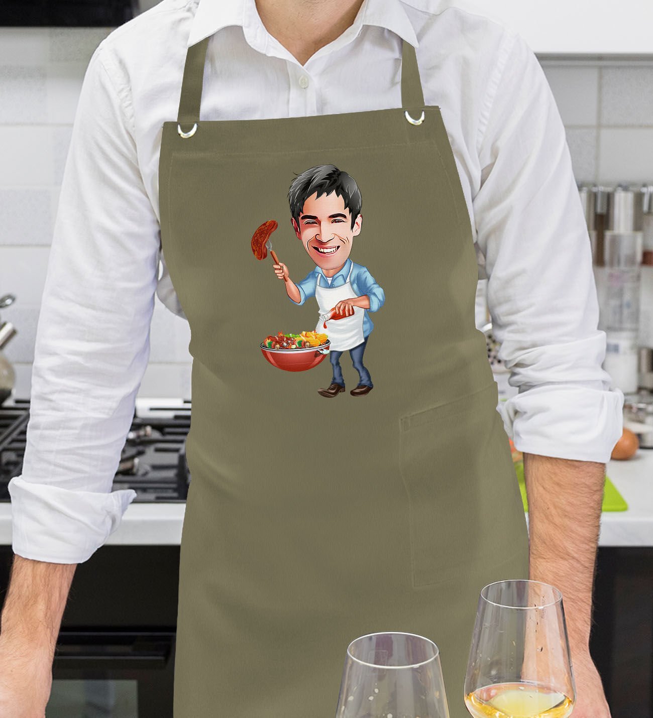 BK Gift Kişiye Özel Barbekü Karikatürlü Profesyonel Haki Yeşil Mutfak Önlüğü, Aşçı Önlüğü, Şef Önlüğü, Arkadaşa Hediye-3