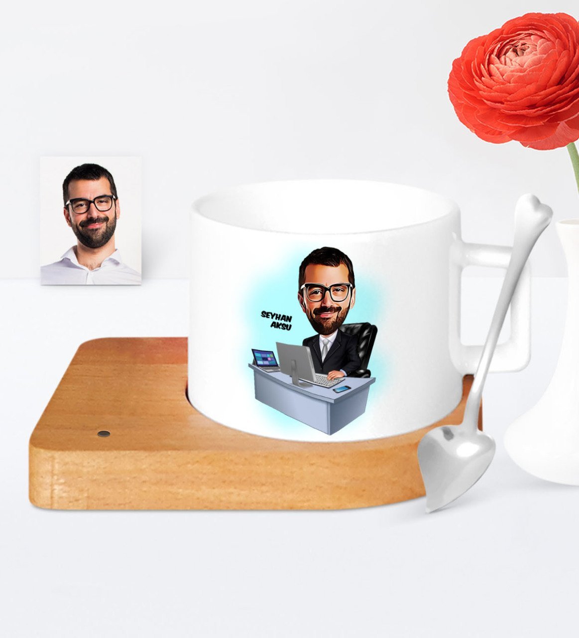 Kişiye Özel Genel Müdür Karikatür Ahşap Altlıklı Seramik Fincan - 2