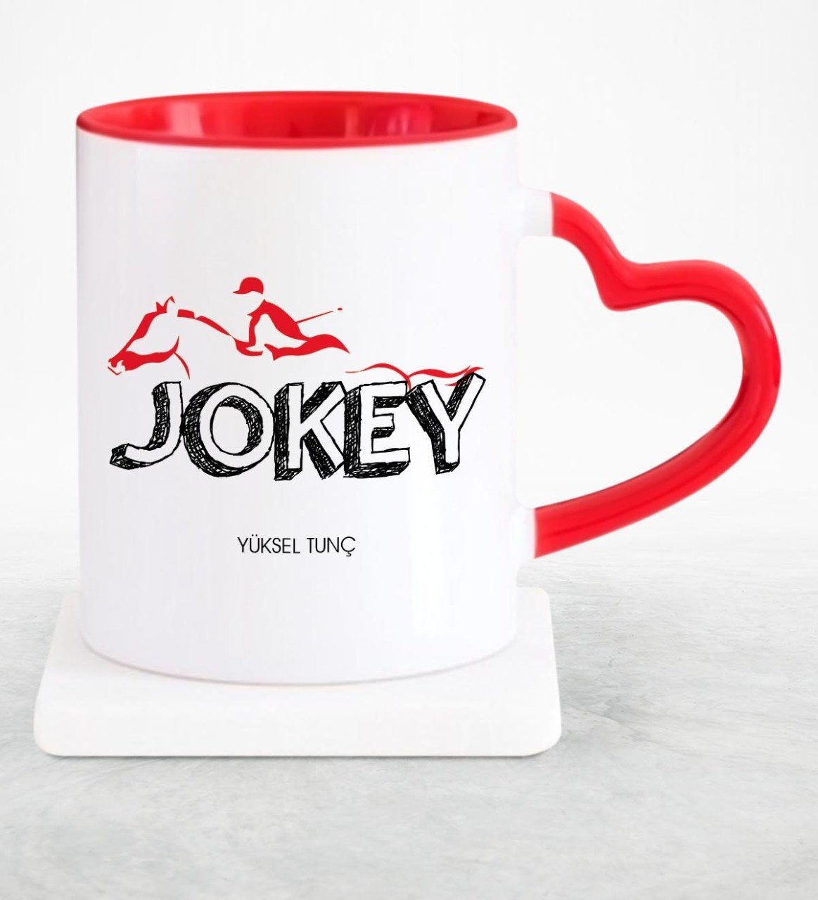 Kişiye Özel Mesleki Jokey Kırmızı Kalpli Kupa Bardak