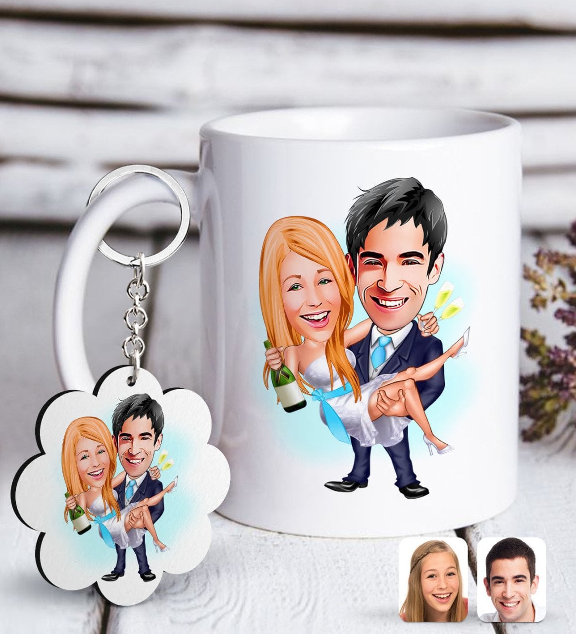 Kişiye Özel Evleniyoruz Karikatürlü Beyaz Kupa ve Anahtarlık Hediye Seti-4