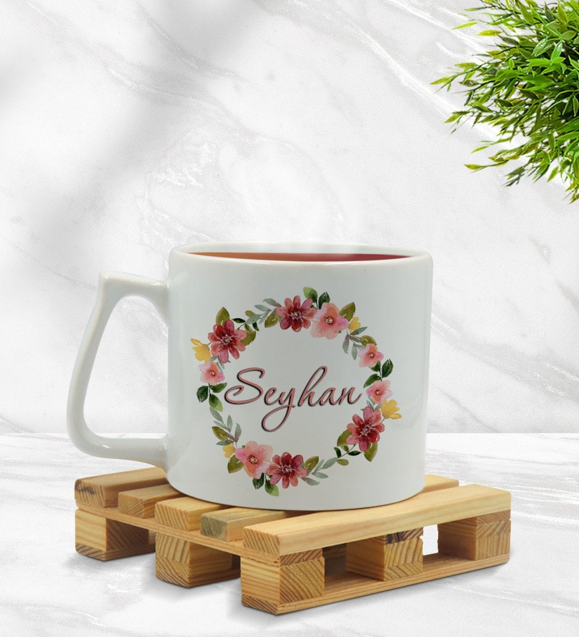 Kişiye Özel Çiçek Tasarımlı Middle Beyaz Kupa Bardak Model 19