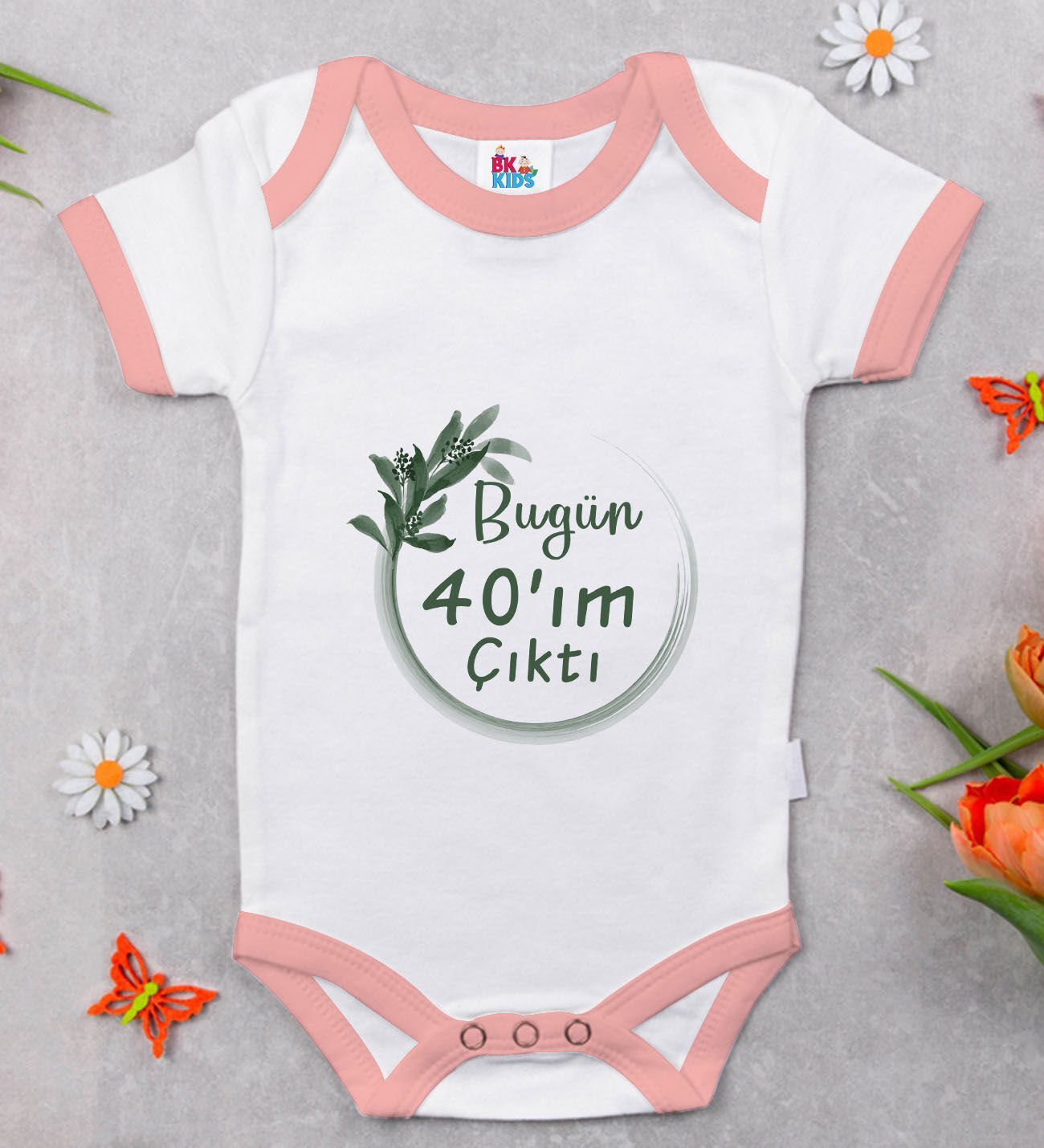 BK Kids 40'ım Çıktı Tasarımlı Pembe Bebek Body Zıbın-1