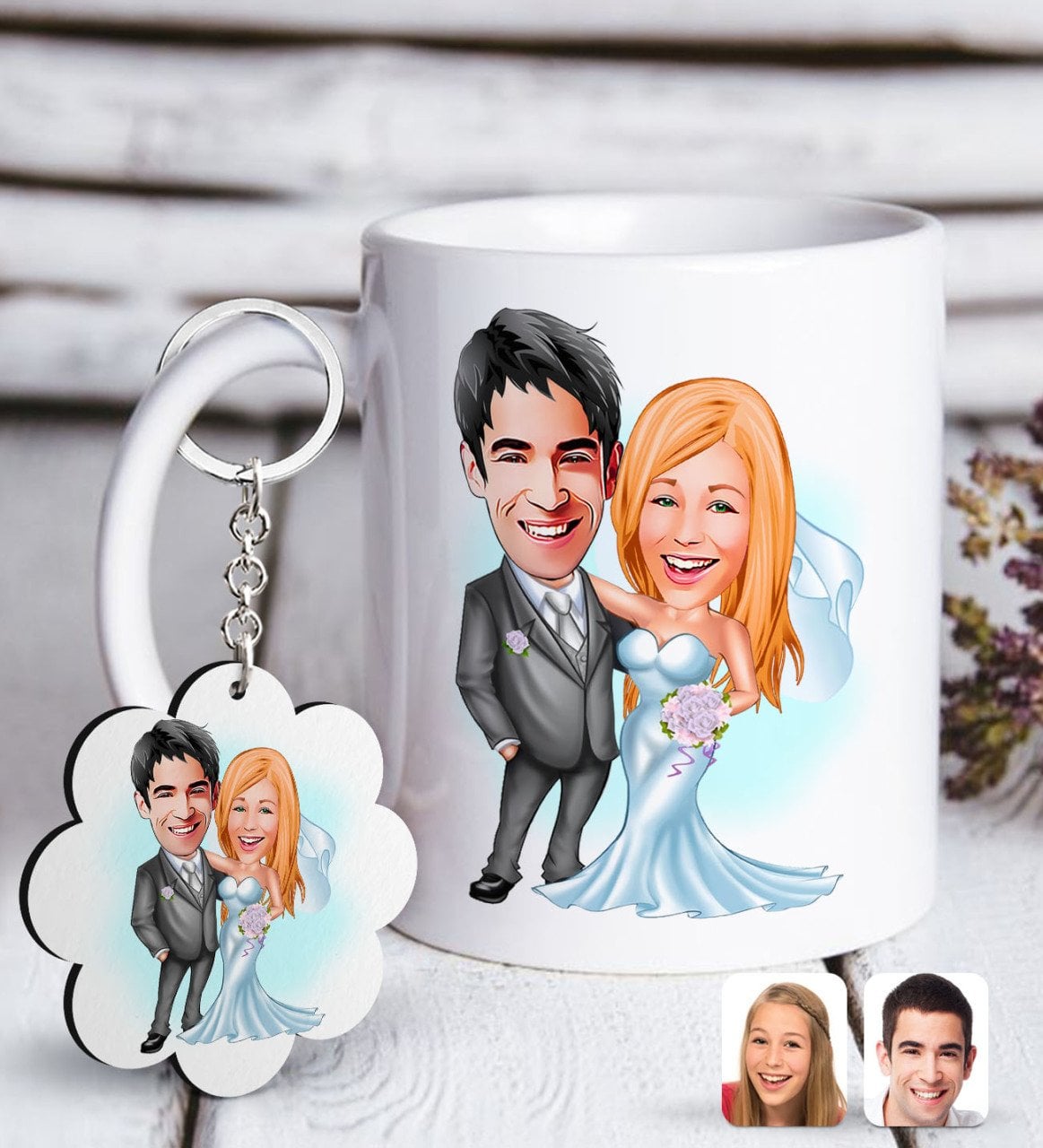 Kişiye Özel Evleniyoruz Karikatürlü Beyaz Kupa ve Anahtarlık Hediye Seti-5