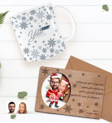 Kişiye Özel Mutlu Yıllar Kupa Bardak ve Retro Ahşap Yılbaşı Tebrik Kartı Hediye Seti-7F
