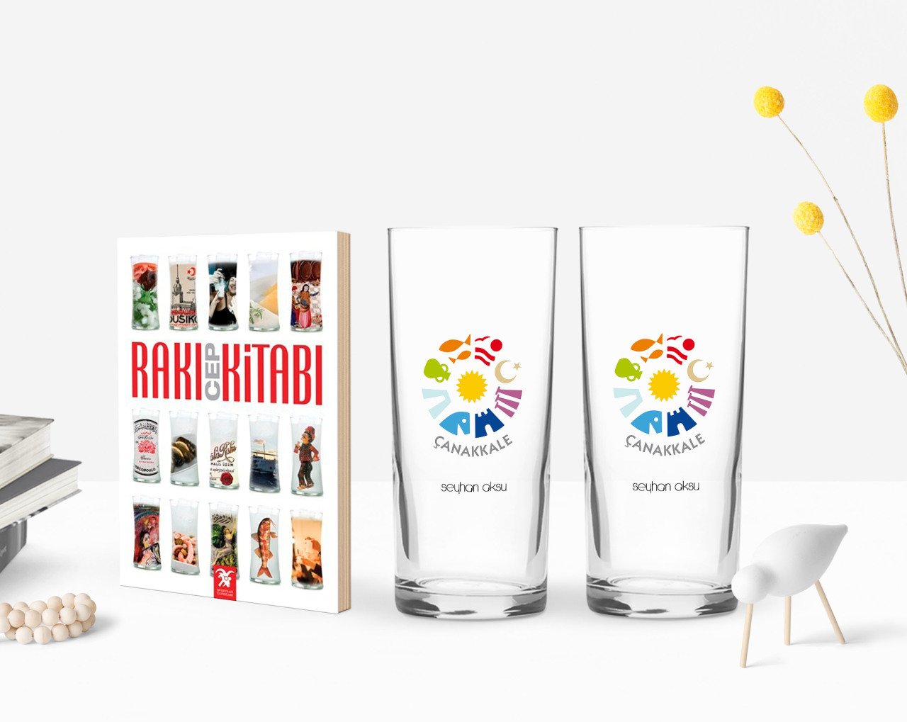 Kişiye Özel Renkli Baskılı Çanakkale Tasarımlı Turistik İkili Rakı Bardağı ve Rakı Cep Kitabı Hediye Seti-1