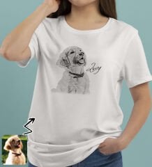 BK Gift Kişiye Özel Karakalem Evcil Hayvan Tasarımlı Kadın Beyaz Tişört-1, Sevgiliye Hediye, Arkadaşa Hediye, Trend T-Shirt