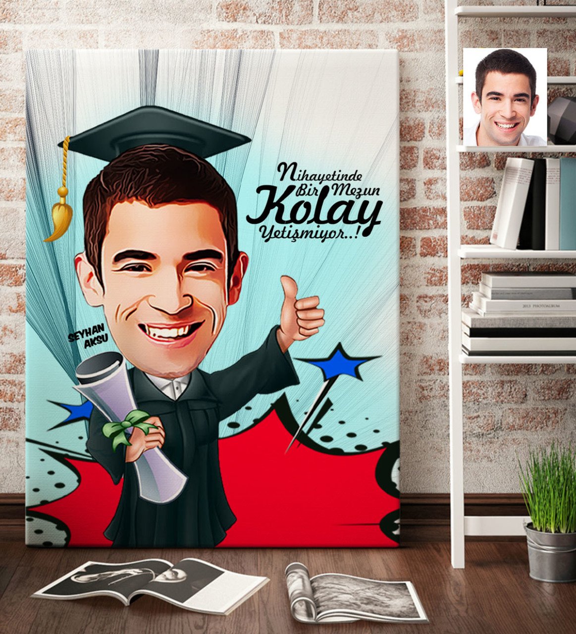 Kişiye Özel Bay Mezun Karikatür Kanvas Tablo (70 x 100 cm.) 1