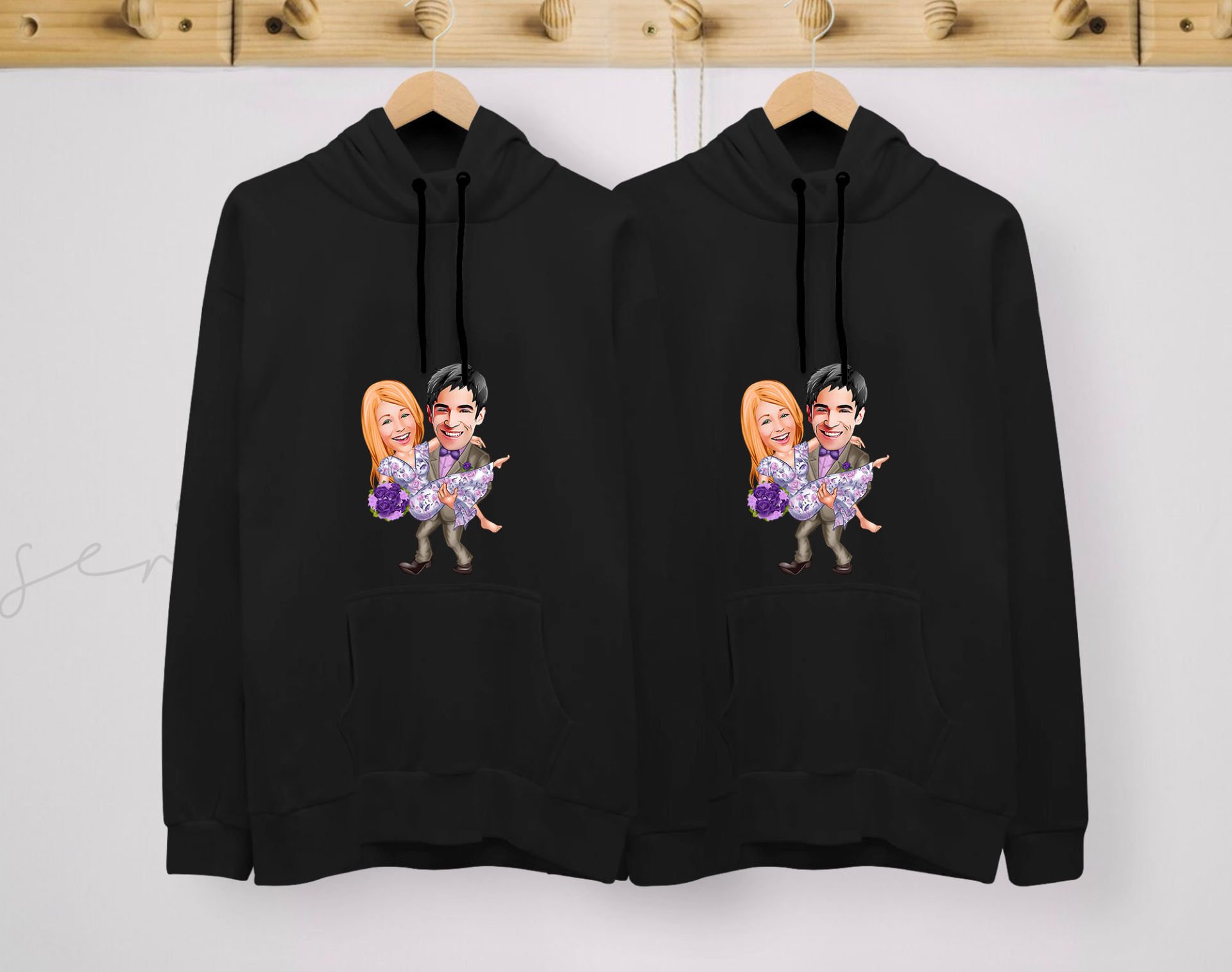 BK Gift Kişiye Özel Sevgililer Karikatürlü İkili Siyah Sweatshirt Seti, Sevgililer Hediye, Çift Hediyesi, Yıl Dönümü Hediyesi, Kişiye Özel Sweatshirt-23