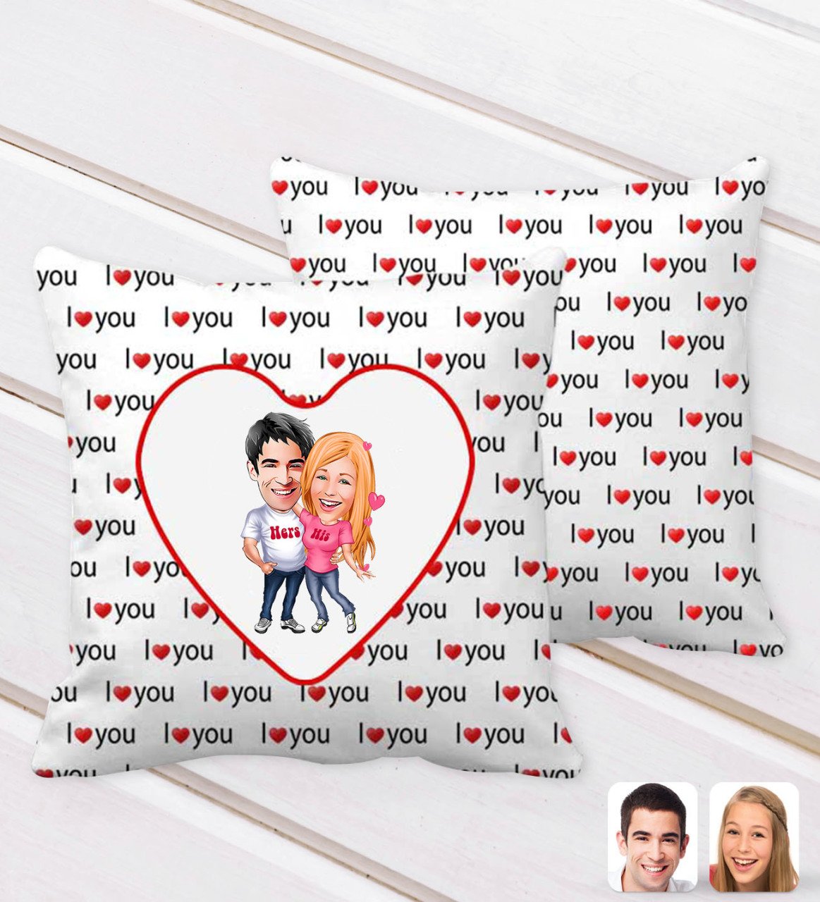 Kişiye Özel Sevgililer Karikatürlü I Love You Kalp Desenli Dekoratif Kırlent Yastık-5