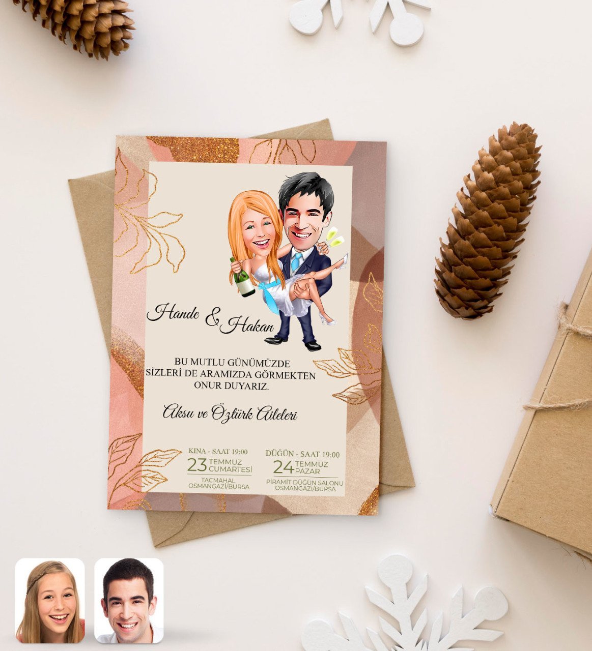 Kişiye Özel Karikatürlü Düğün Davetiyesi Model 93 (100Adet)