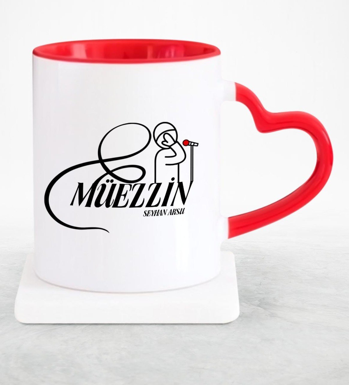 Kişiye Özel Mesleki Müezzin Kırmızı Kalpli Kupa Bardak - 1