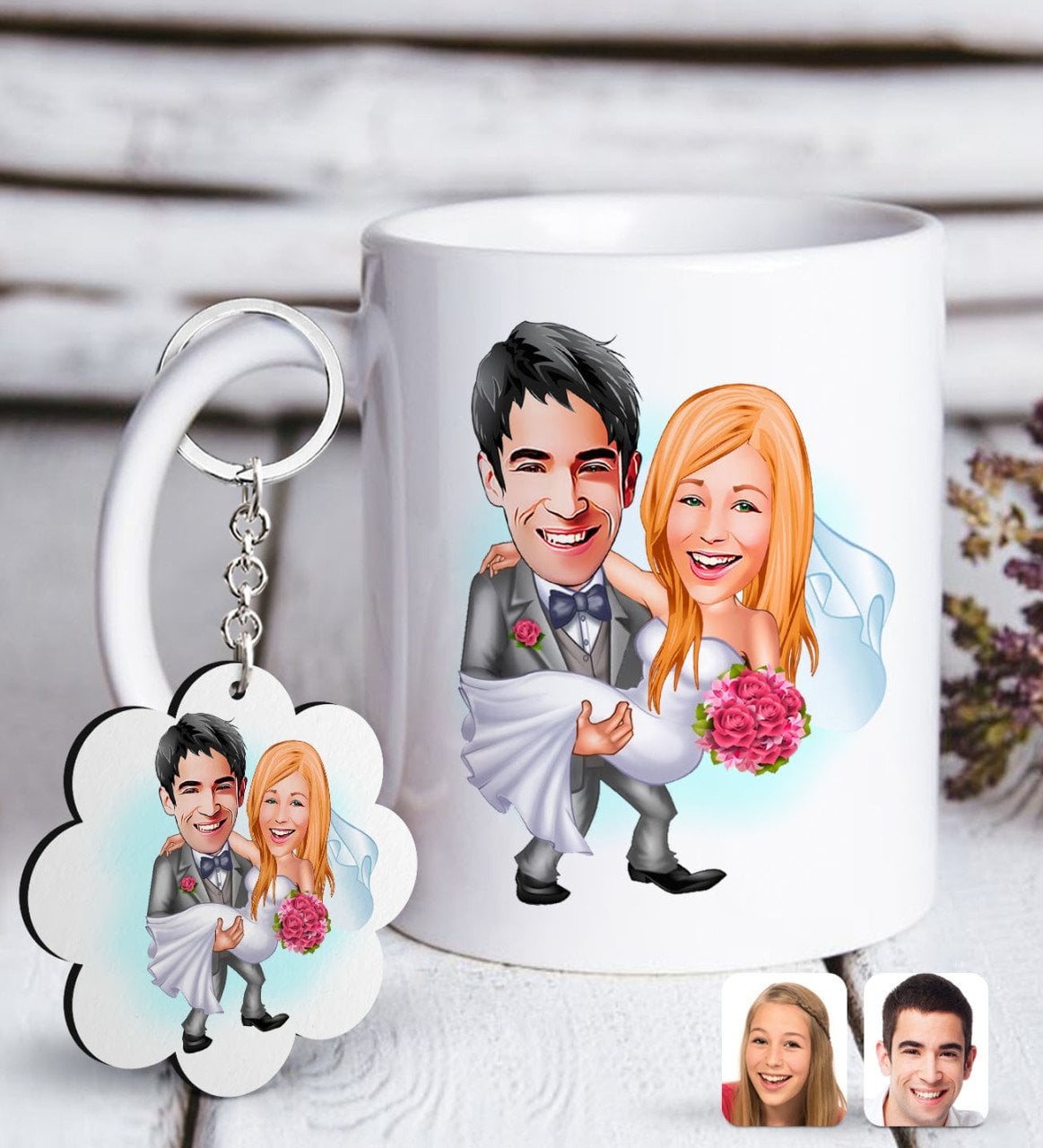 Kişiye Özel Evleniyoruz Karikatürlü Beyaz Kupa ve Anahtarlık Hediye Seti-7