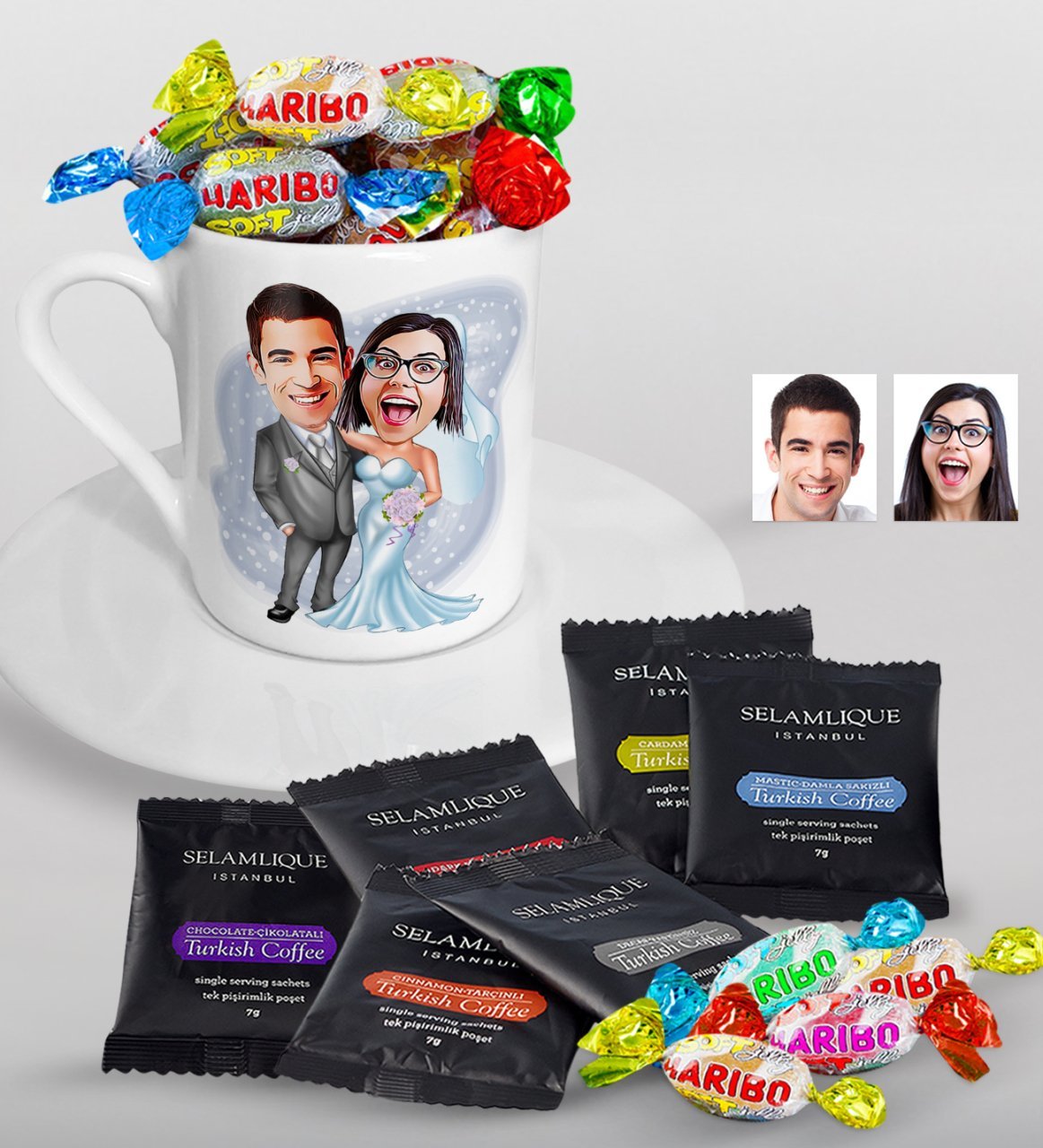 Kişiye Özel Evleniyoruz Karikatürlü Türk Kahvesi Fincanı Selamlique Karışık Türk Kahvesi ve Haribo Şeker Hediye Seti-5