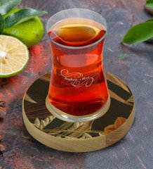 Kişiye Özel Çiçekler Tasarımlı Doğal Ahşap Tabaklı Heybeli Çay Bardağı Model 4