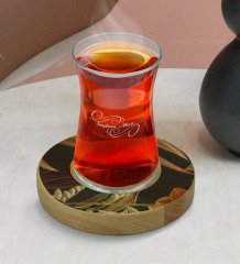 Kişiye Özel Çiçekler Tasarımlı Doğal Ahşap Tabaklı Heybeli Çay Bardağı Model 4