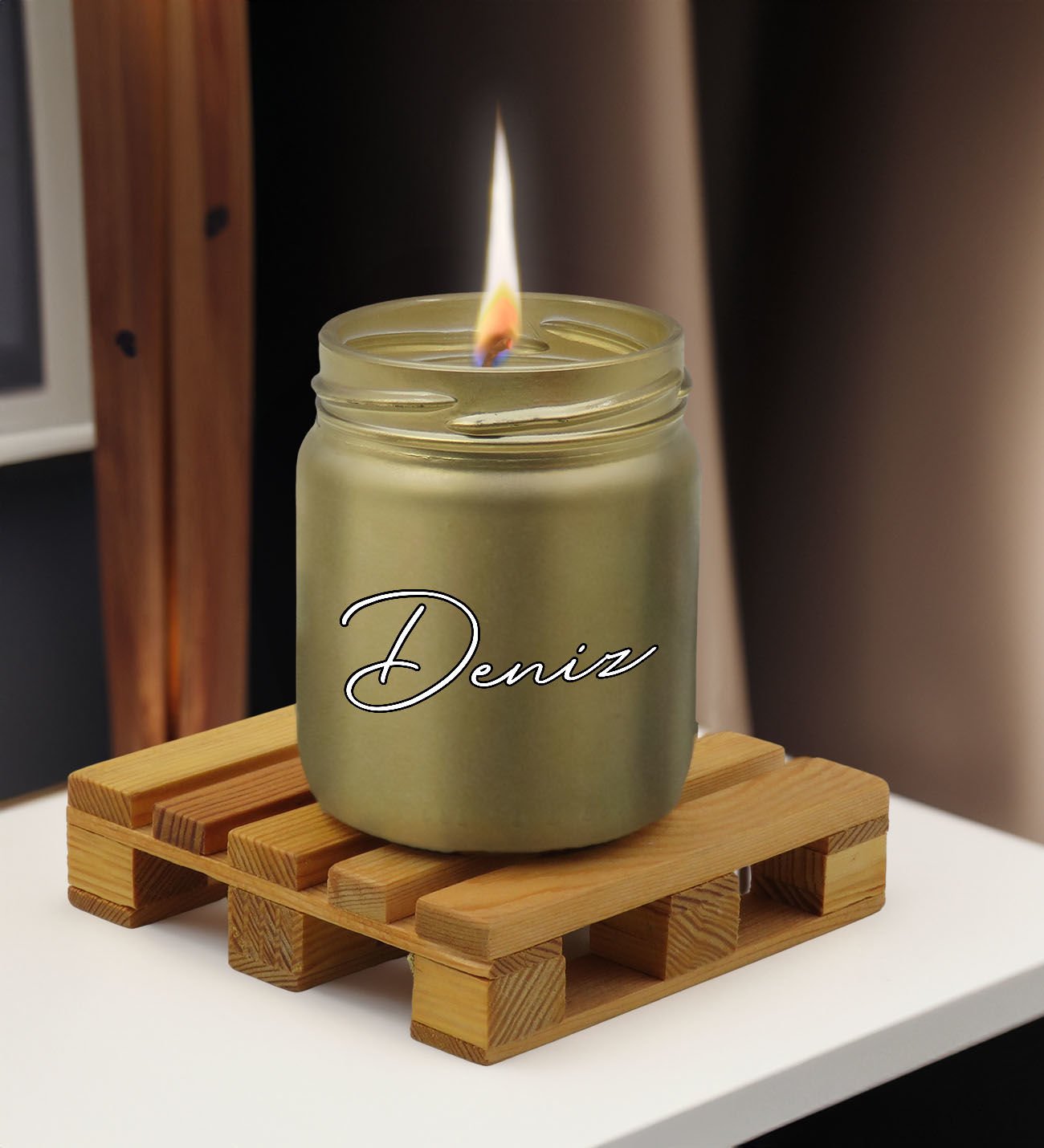 BK Gift Kişiye Özel DTF İsimli Gold Renkli Cam Kavanozda Kokulu Mum-1, Arkadaşa Hediye, Sevgiliye Hediye, Doğum Günü Hediyesi