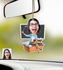 Kişiye Özel Bayan Öğretmen Karikatürlü Ahşap Araba Dikiz Ayna Süsü-2