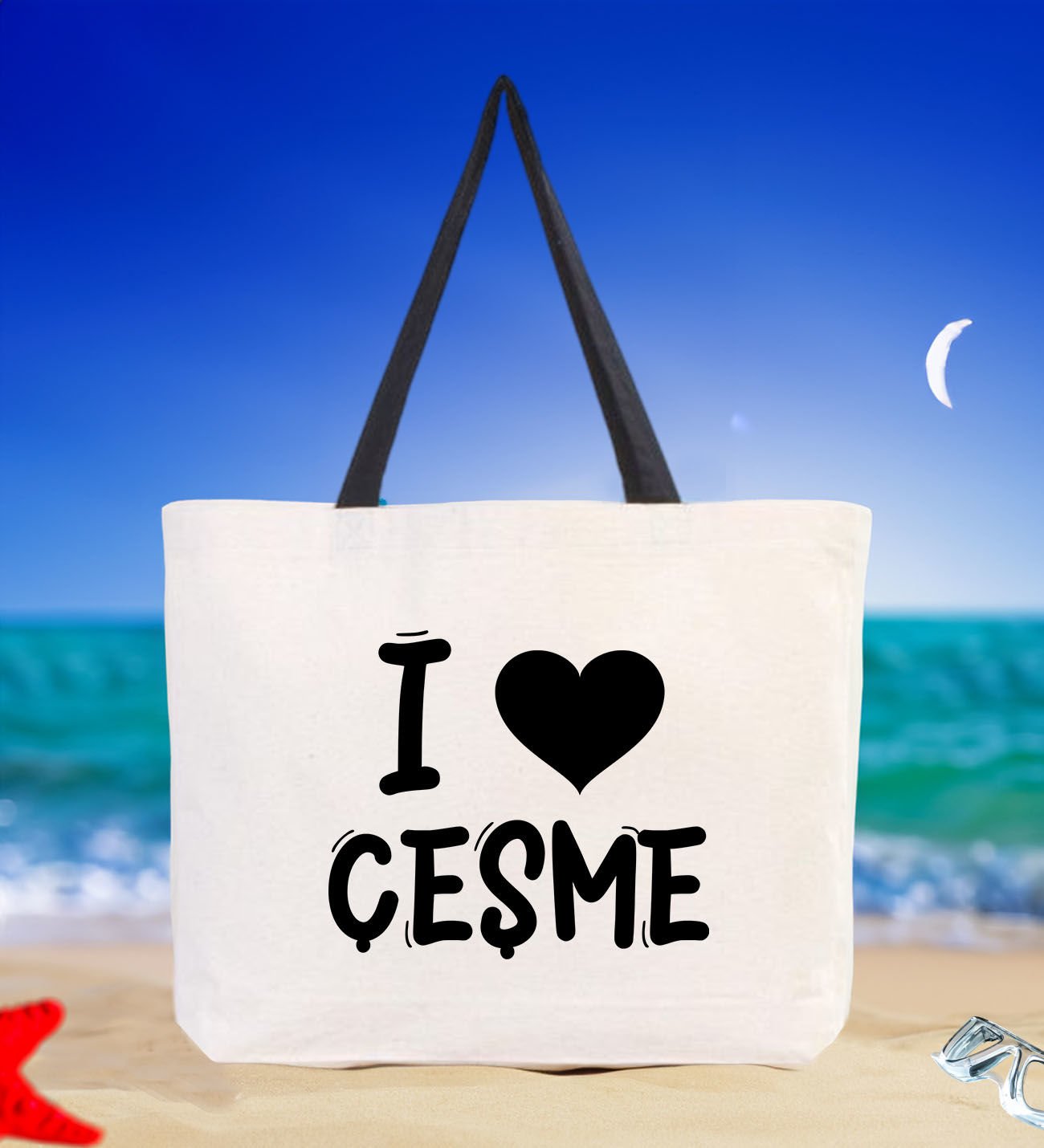 BK Gift I Love Çeşme Siyah Renkli Kulp Kanvas Plaj Çantası 48x40m, Baskılı Omuz Çantası, Alışveriş Çantası