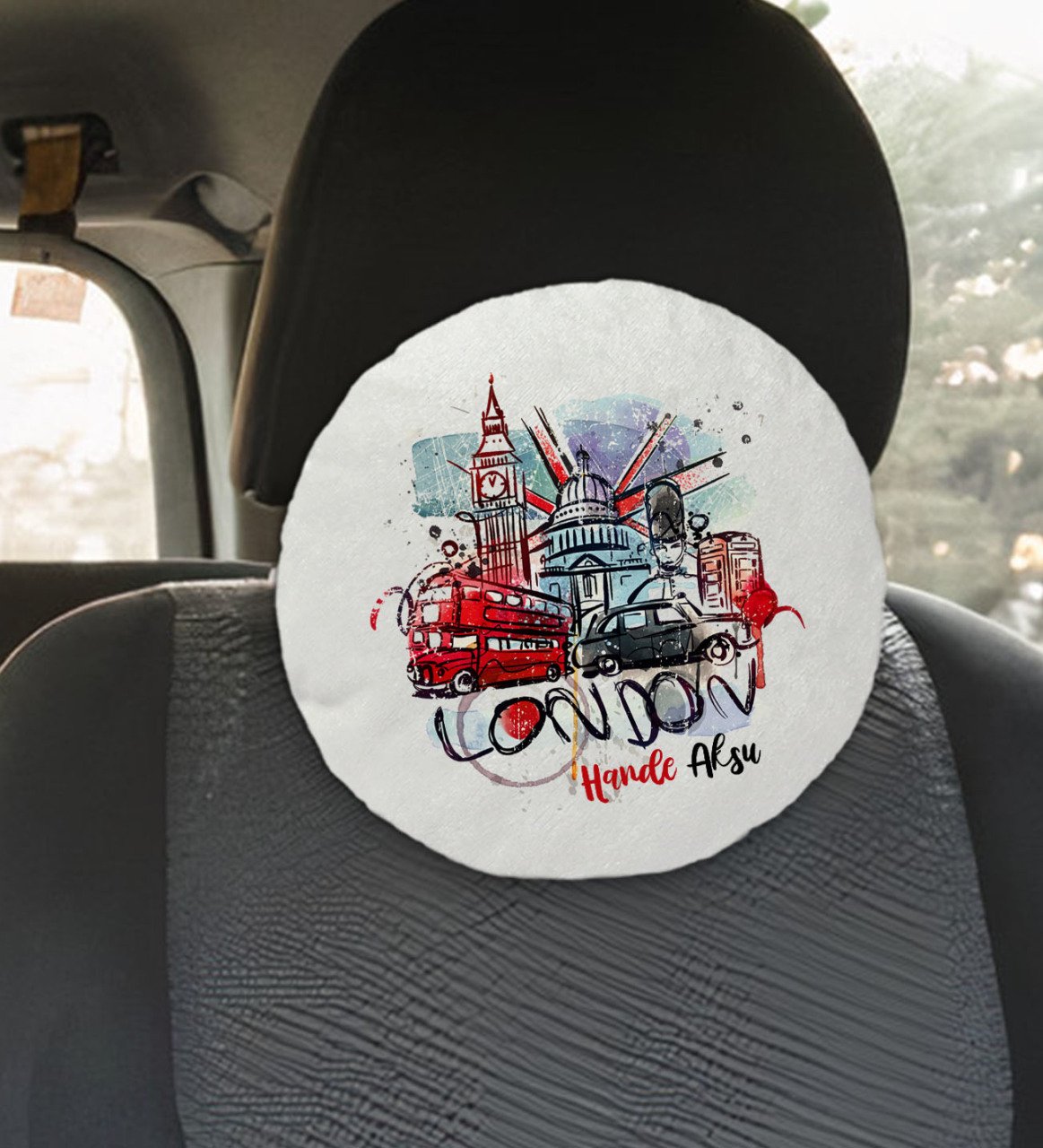 Kişiye Özel İsimli London Tasarımlı Yuvarlak Araç Koltuk Yastığı-1