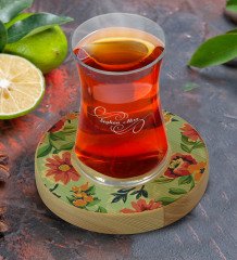 Kişiye Özel Çiçekler Tasarımlı Doğal Ahşap Tabaklı Heybeli Çay Bardağı Model 5