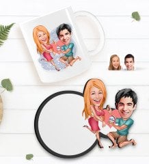 Kişiye Özel Sevgililer Karikatürlü Beyaz Kupa ve Ahşap Bardak Altlığı Hediye Seti-19