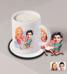 Kişiye Özel Sevgililer Karikatürlü Beyaz Kupa ve Ahşap Bardak Altlığı Hediye Seti-19