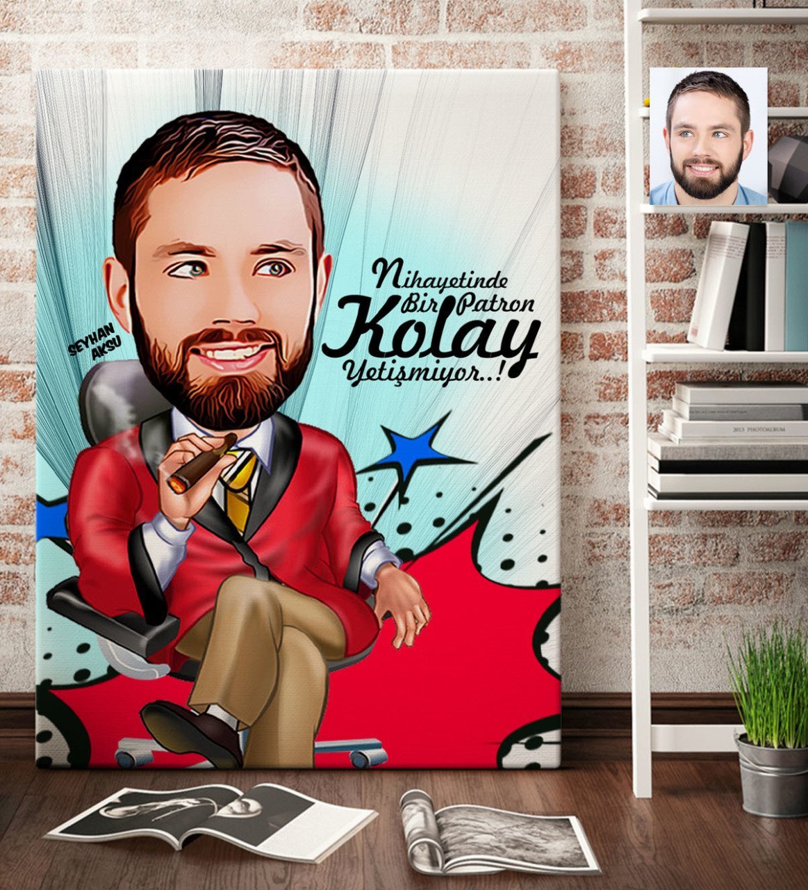 Kişiye Özel Bay Patron Karikatür Kanvas Tablo (70 x 100 cm.) 2