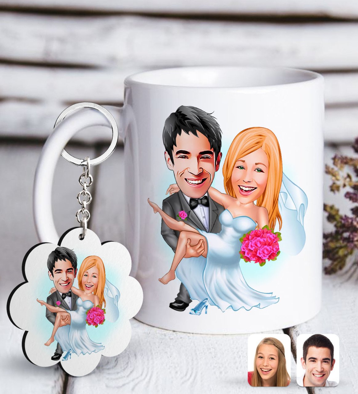 Kişiye Özel Evleniyoruz Karikatürlü Beyaz Kupa ve Anahtarlık Hediye Seti-9