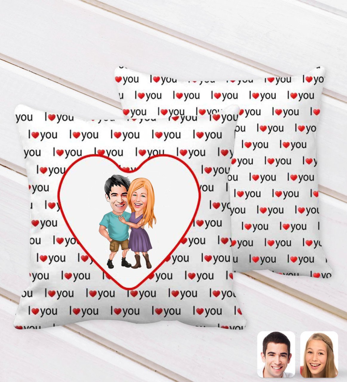 Kişiye Özel Sevgililer Karikatürlü I Love You Kalp Desenli Dekoratif Kırlent Yastık-80