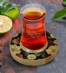Kişiye Özel Çiçekler Tasarımlı Doğal Ahşap Tabaklı Heybeli Çay Bardağı Model 6