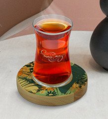 Kişiye Özel Çiçekler Tasarımlı Doğal Ahşap Tabaklı Heybeli Çay Bardağı Model 7