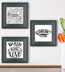 BK Gift Mutfak Temalı 3’lü Ahşap Çerçeveli Taş Duvar Dekoru-6