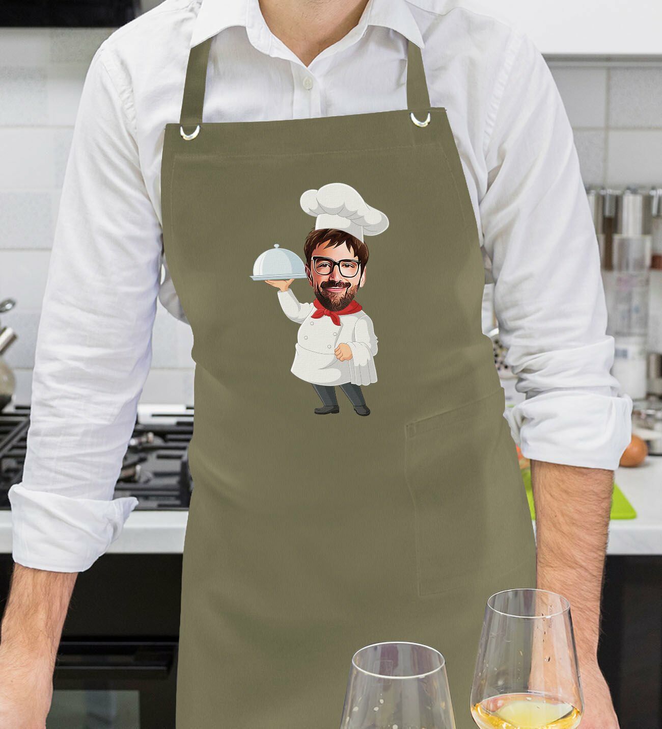 BK Gift Kişiye Özel Erkek Chef Karikatürlü Profesyonel Haki Yeşil Mutfak Önlüğü, Aşçı Önlüğü, Şef Önlüğü, Arkadaşa Hediye-2
