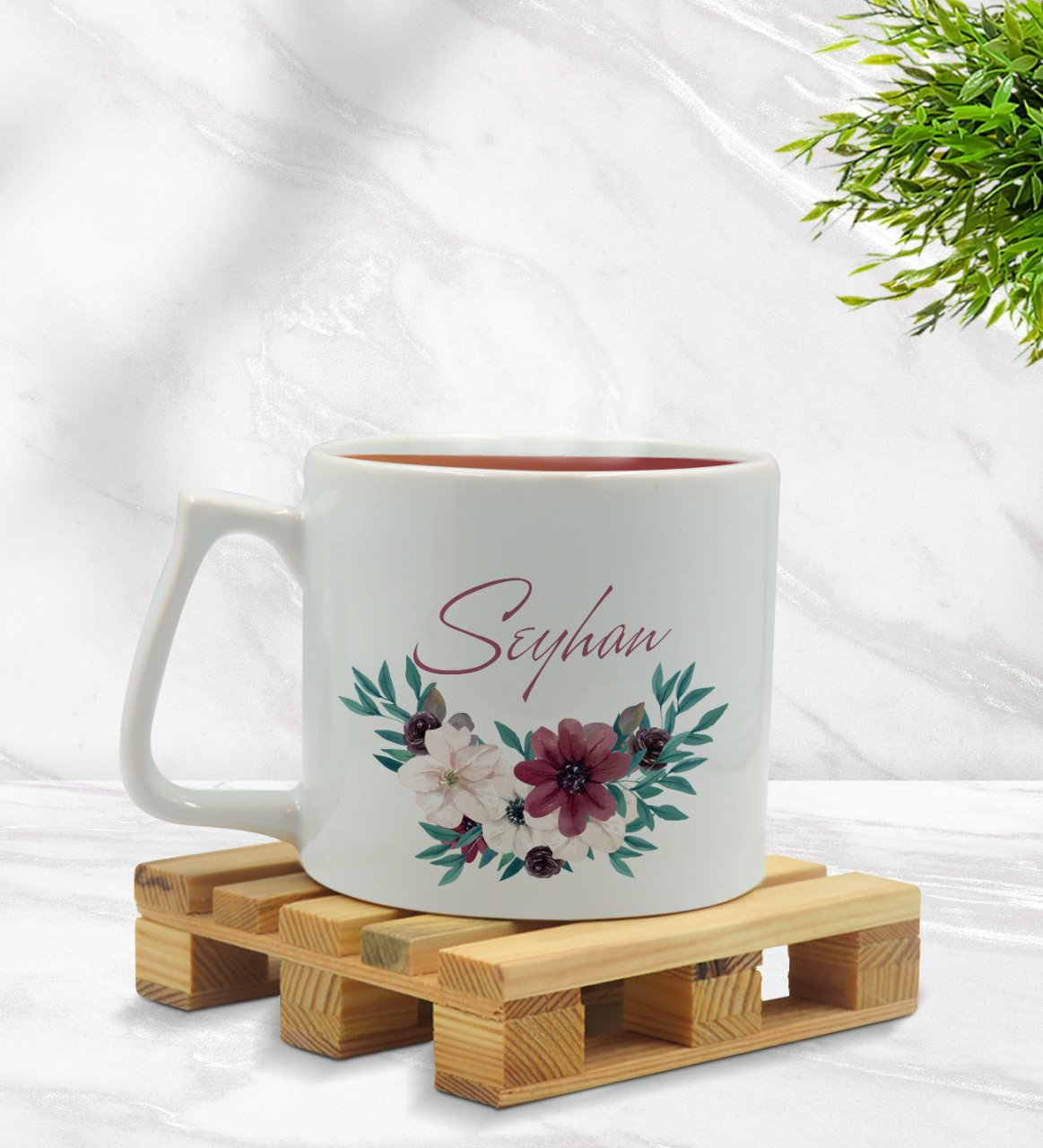 Kişiye Özel Çiçek Tasarımlı Middle Beyaz Kupa Bardak Model 25