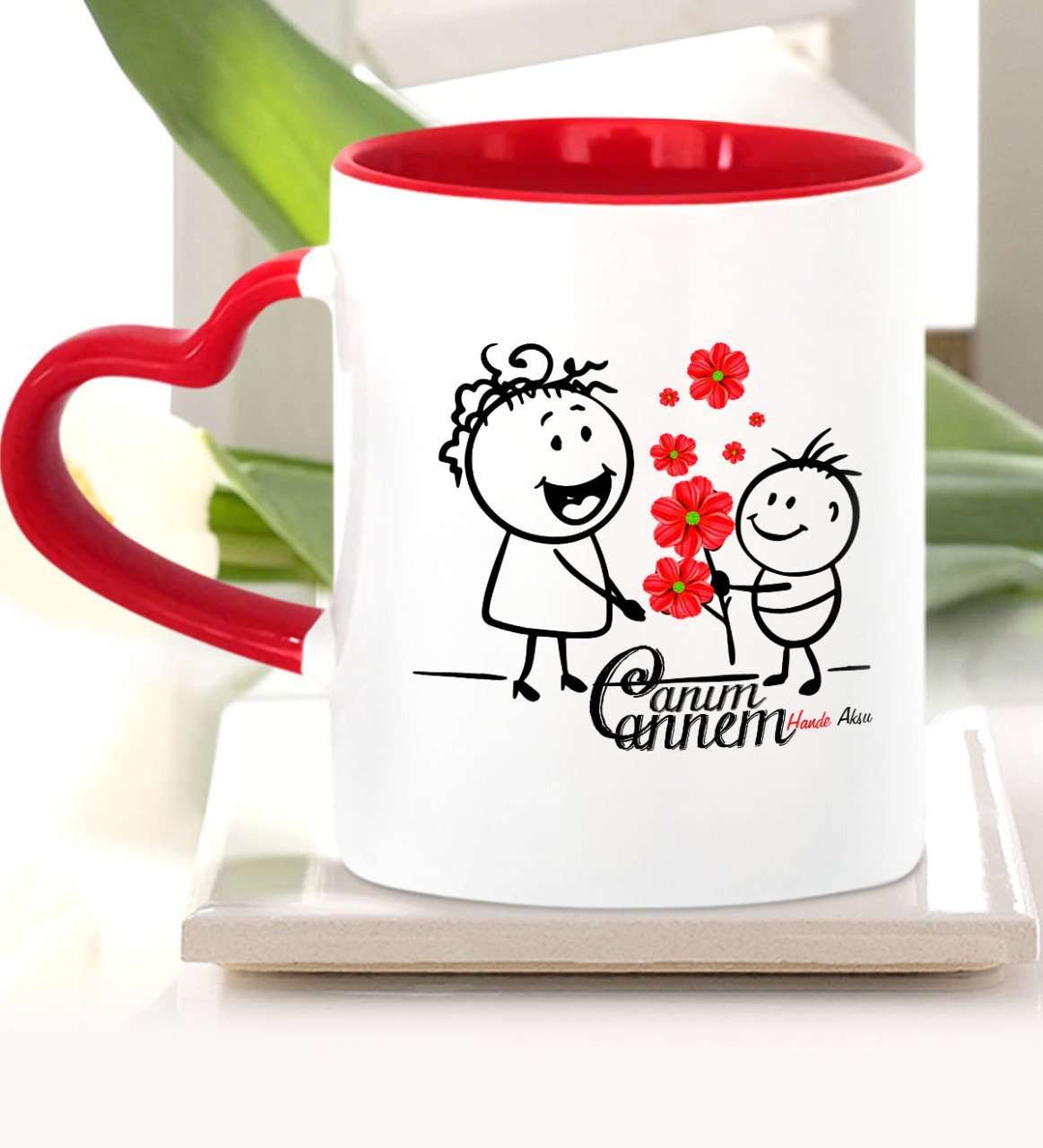 Kişiye Özel Canım Annem Kırmızı Kalpli Kupa Bardak - 19