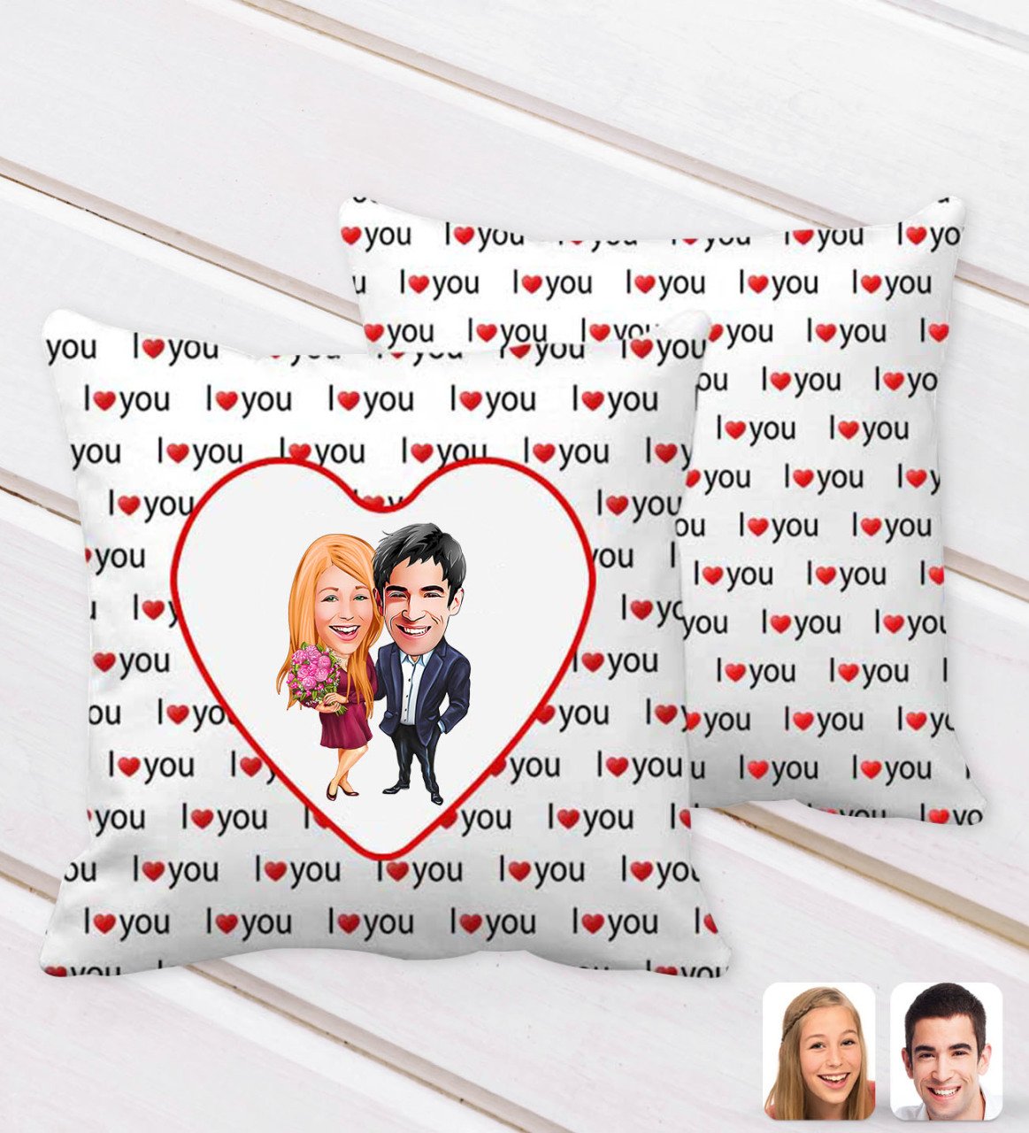 Kişiye Özel Sevgililer Karikatürlü I Love You Kalp Desenli Dekoratif Kırlent Yastık-94