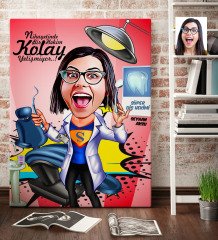 Kişiye Özel Bayan Diş Hekimi Karikatür Kanvas Tablo (70 x 100 cm.) 1