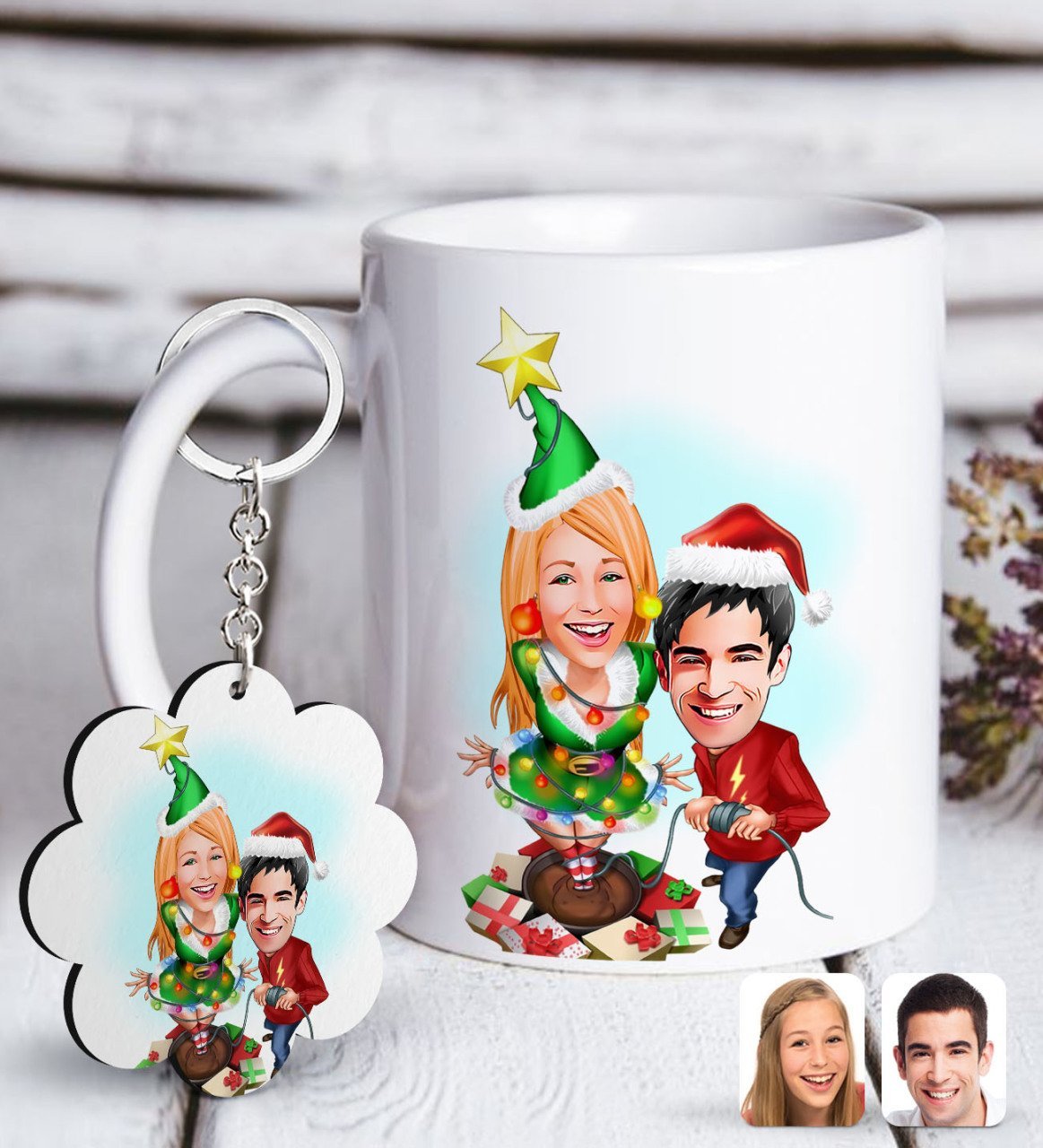 Kişiye Özel Yeni Yıl Sevgililer Karikatürlü Beyaz Kupa ve Anahtarlık Hediye Seti-1