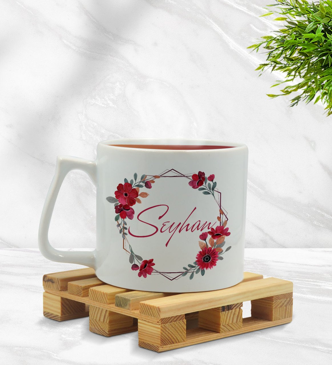 Kişiye Özel Çiçek Tasarımlı Middle Beyaz Kupa Bardak Model 27