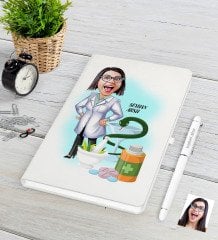 Kişiye Özel Bayan Eczacı Karikatürlü Beyaz Defter Kalem Seti-2