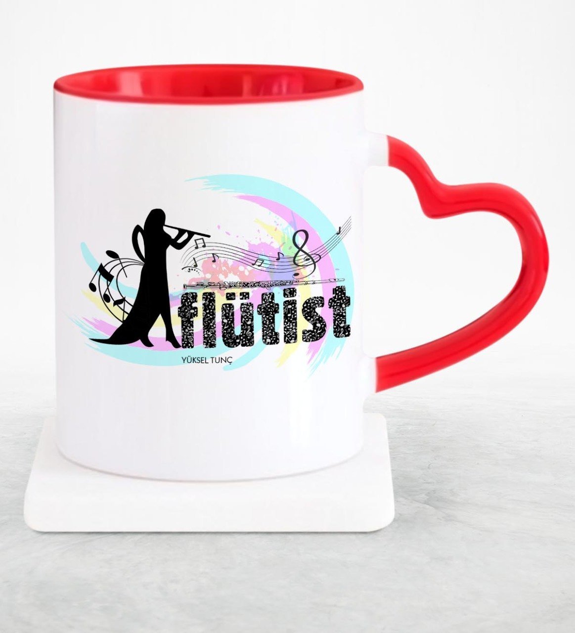 Kişiye Özel Mesleki Flütist Kırmızı Kalpli Kupa Bardak - 3