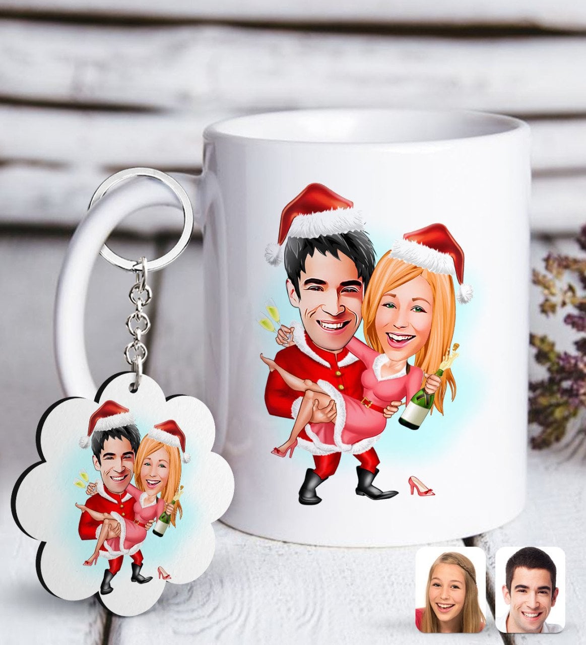 Kişiye Özel Yeni Yıl Sevgililer Karikatürlü Beyaz Kupa ve Anahtarlık Hediye Seti-2
