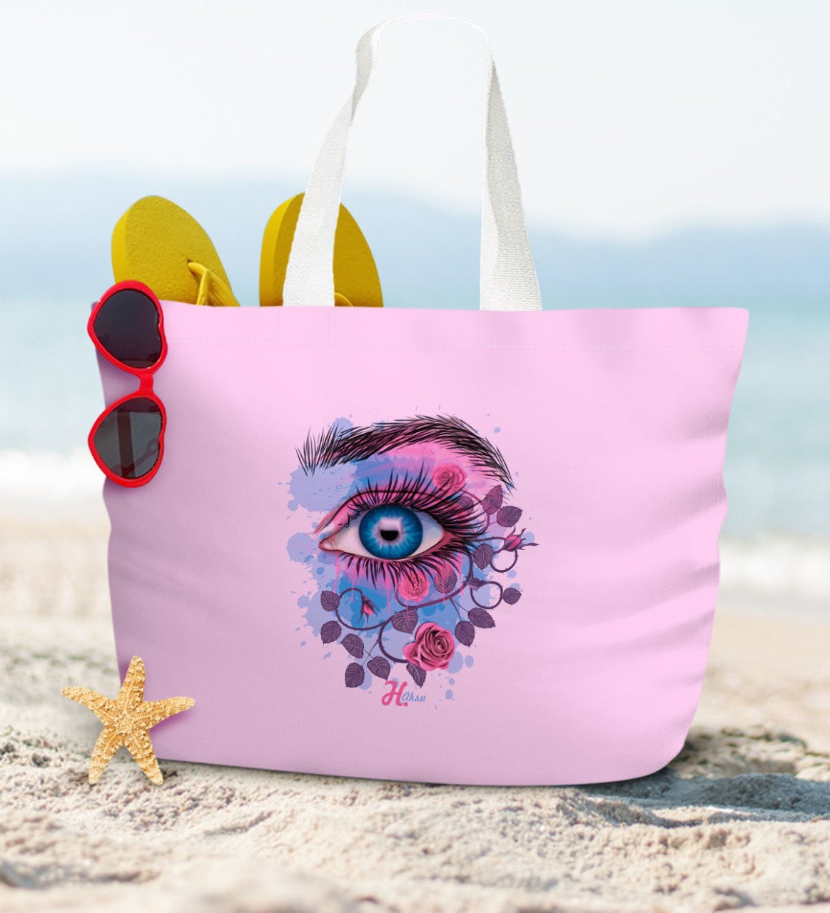 Kişiye Özel Pudra Pembe Fermuarlı Plaj Çantası - 2